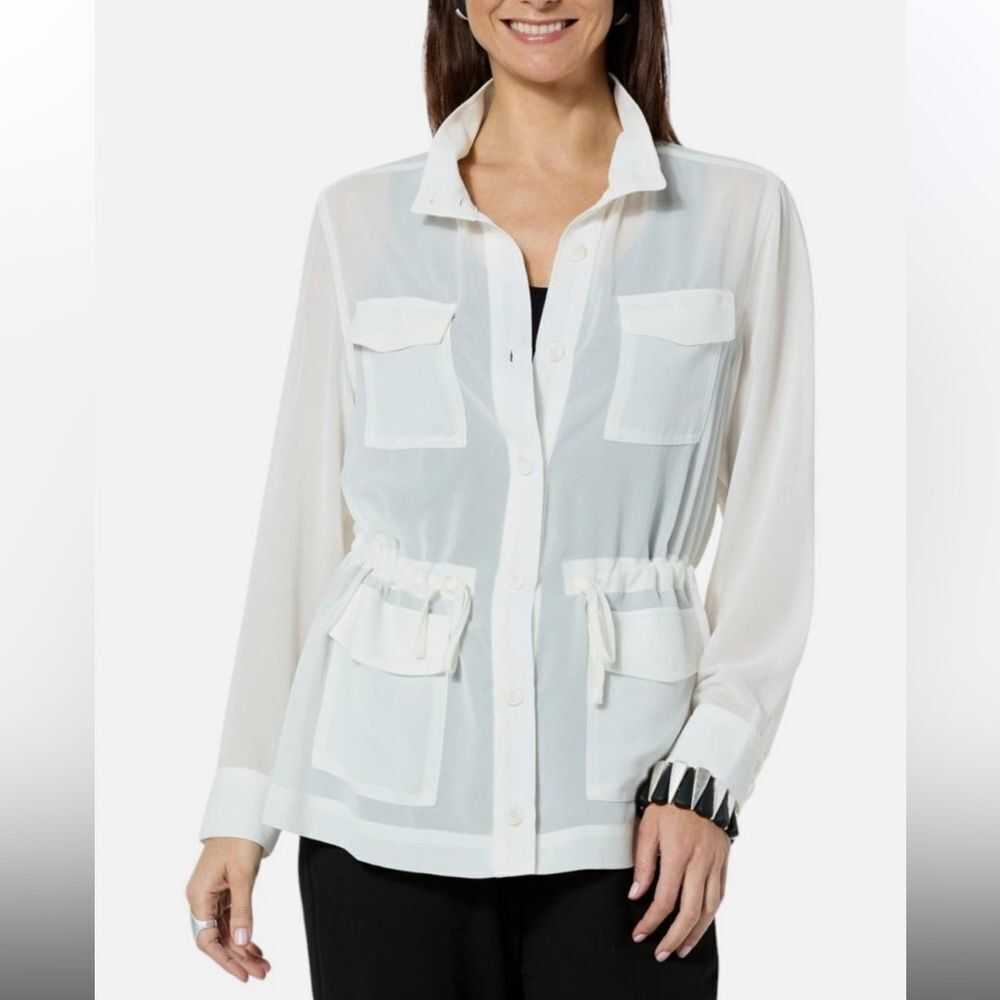 Wynne Layers Chiffon Safari Jacket With Pockets In Ivory Size XL